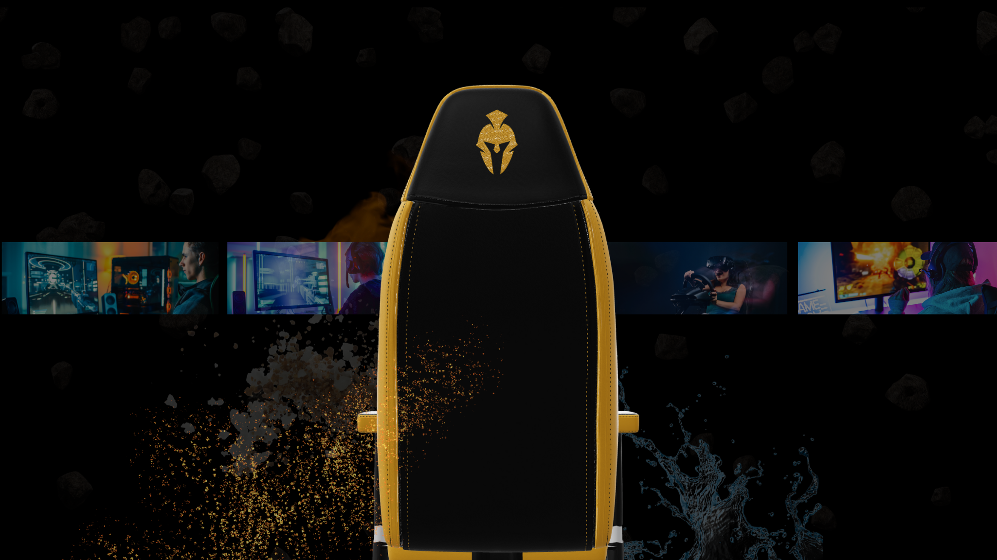 Kratos Pro 4D Throne yellow and black immersive haptic gaming chair in a black setting with screens of gamers in the back playing games