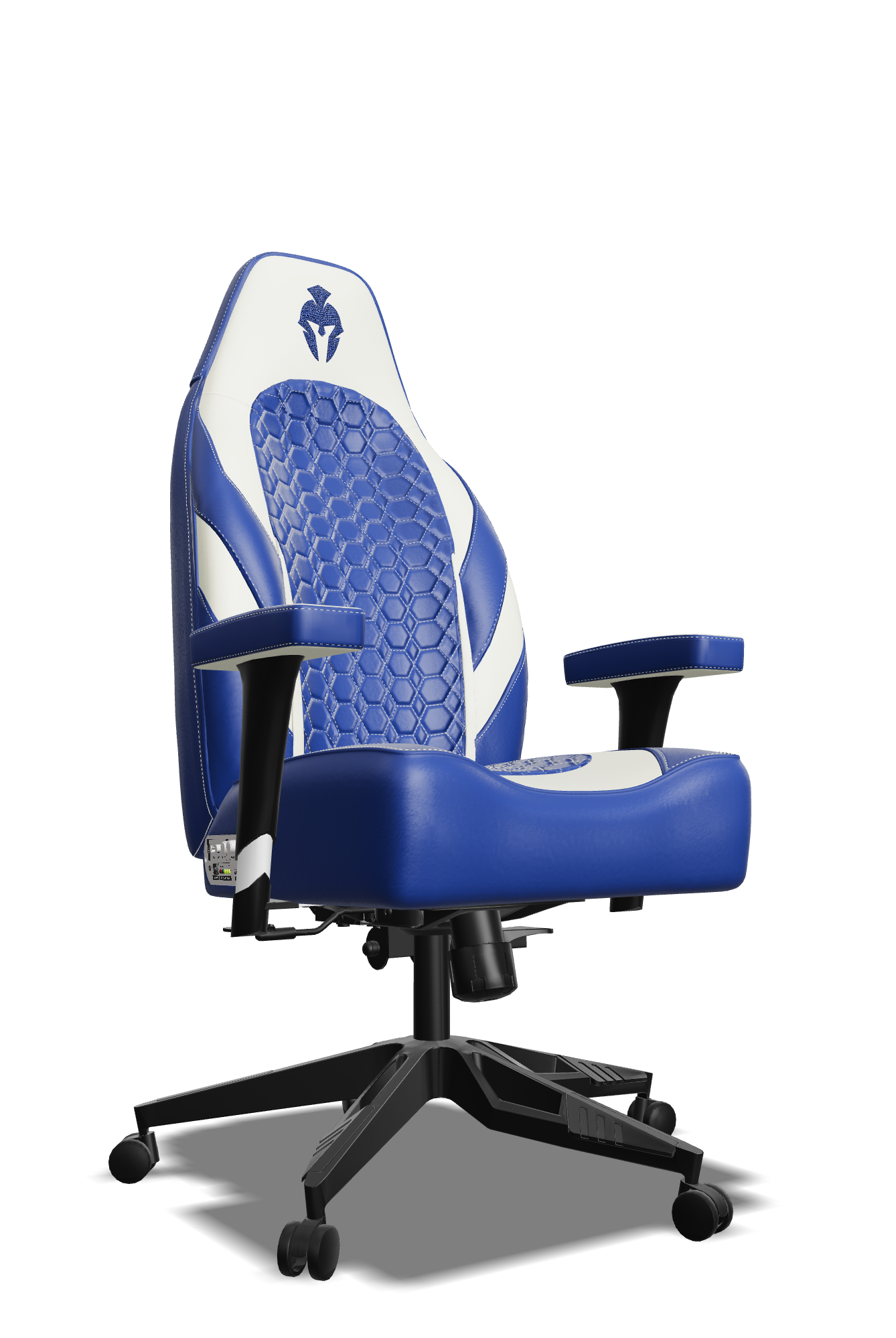 White and Royal Blue Custom Haptic Feedback Gaming Chair Side View