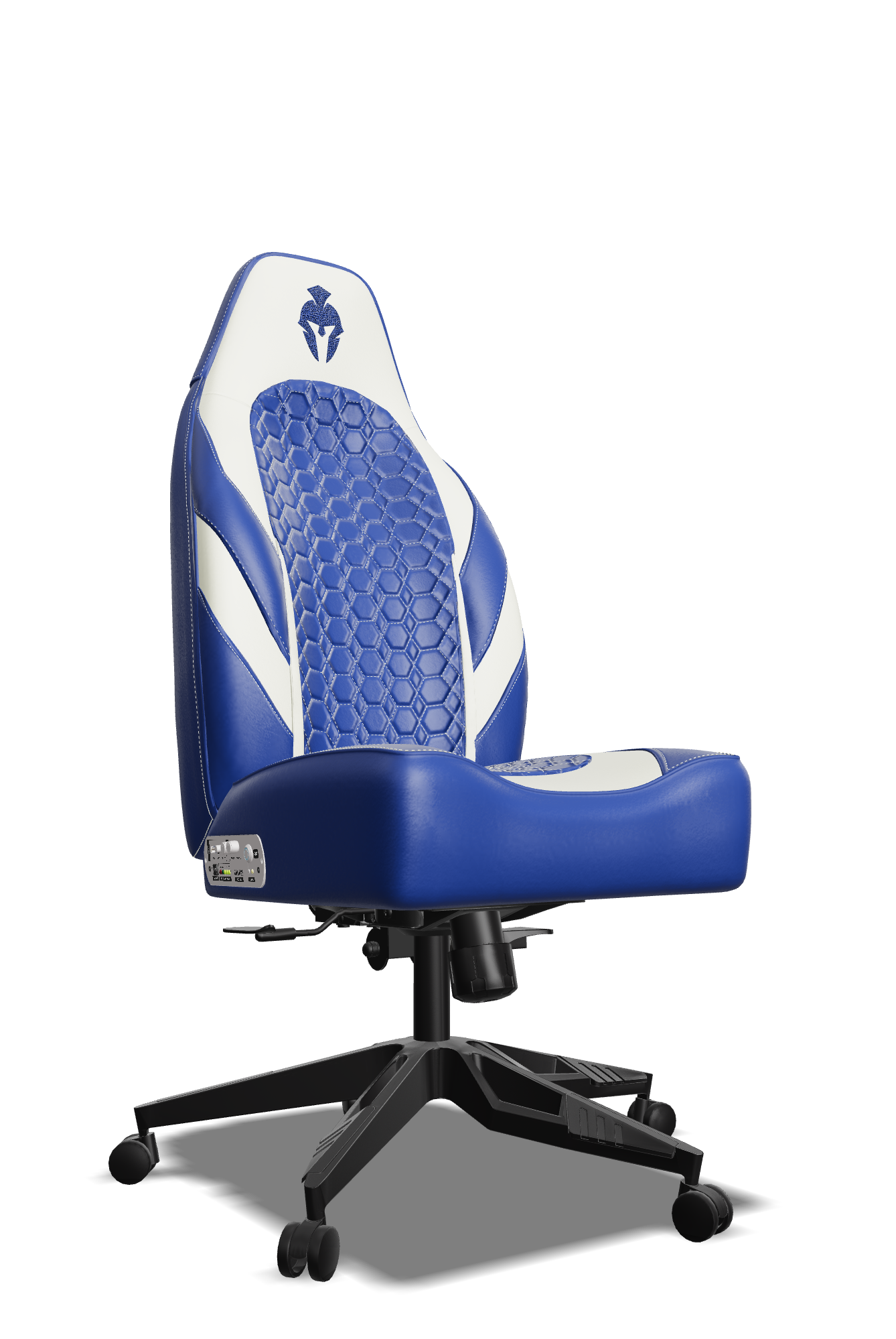 White and Blue Custom Haptic Feedback Gaming Chair Side View No Armrest