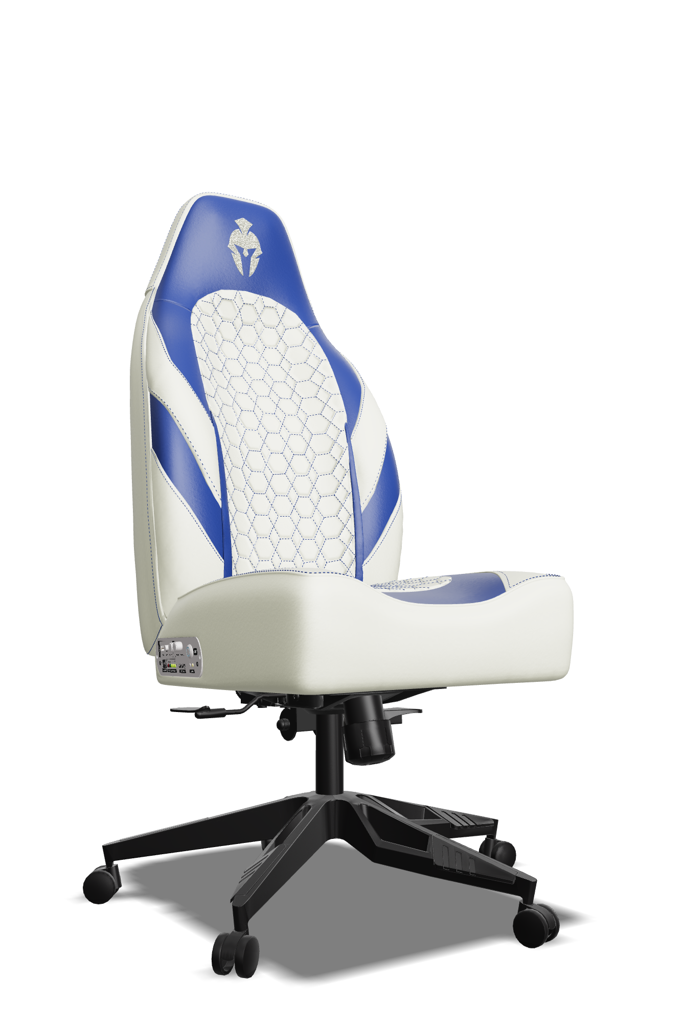 Royal Blue and White Custom Haptic Feedback Gaming Chair Side View No Armrest