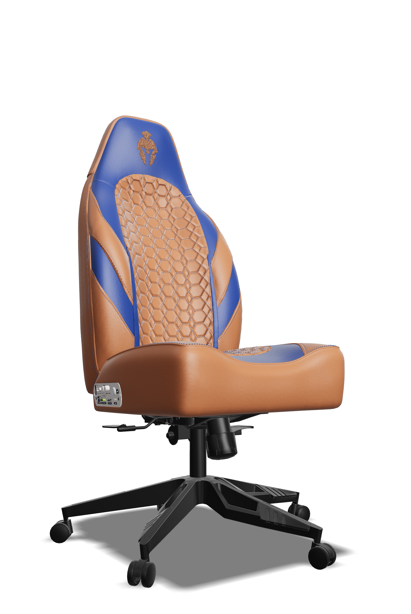 Royal Blue and Brown Custom Haptic Feedback Gaming Chair Side View No Armrest