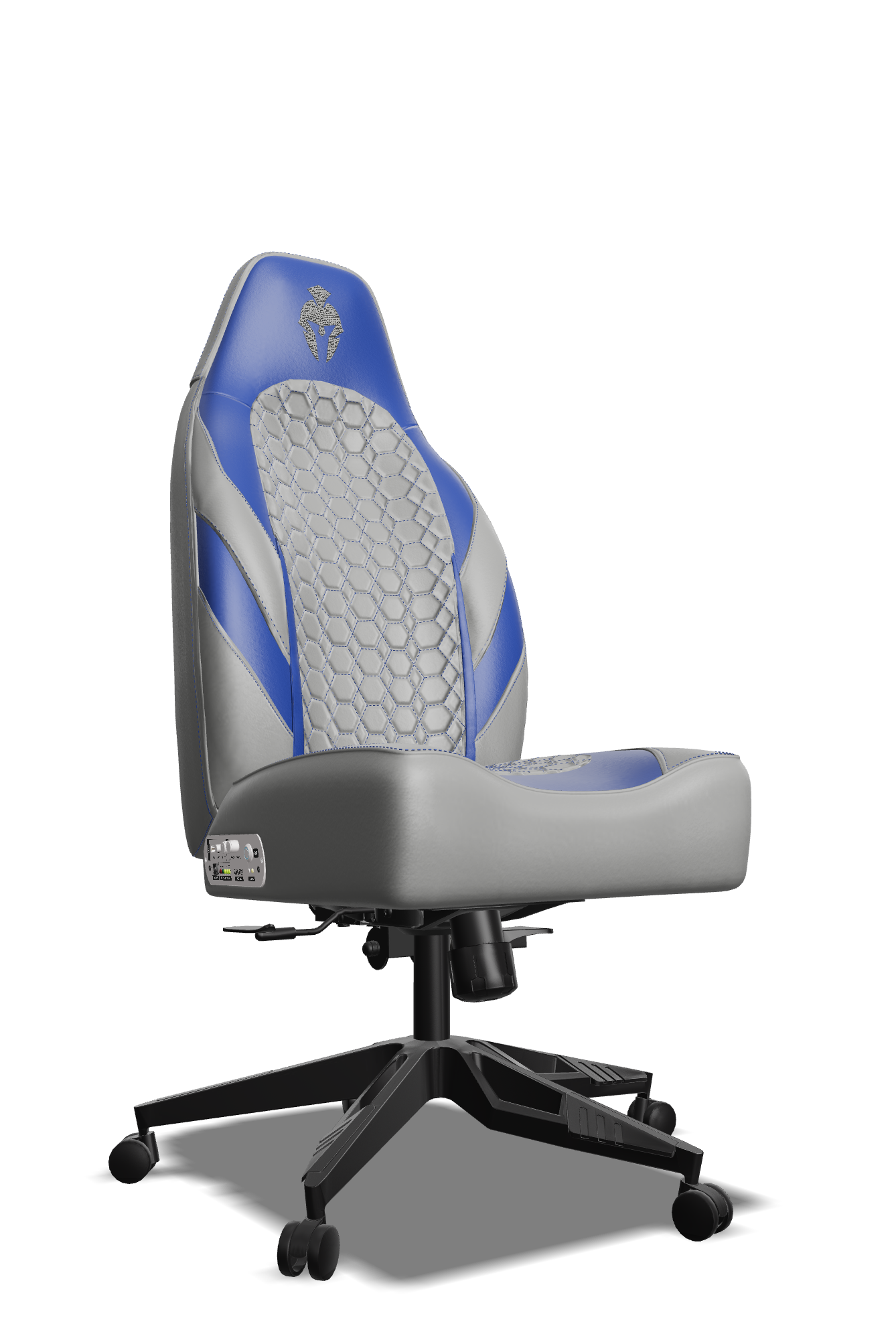 Grey and Blue Custom Haptic Feedback Gaming Chair Side View No Armrest