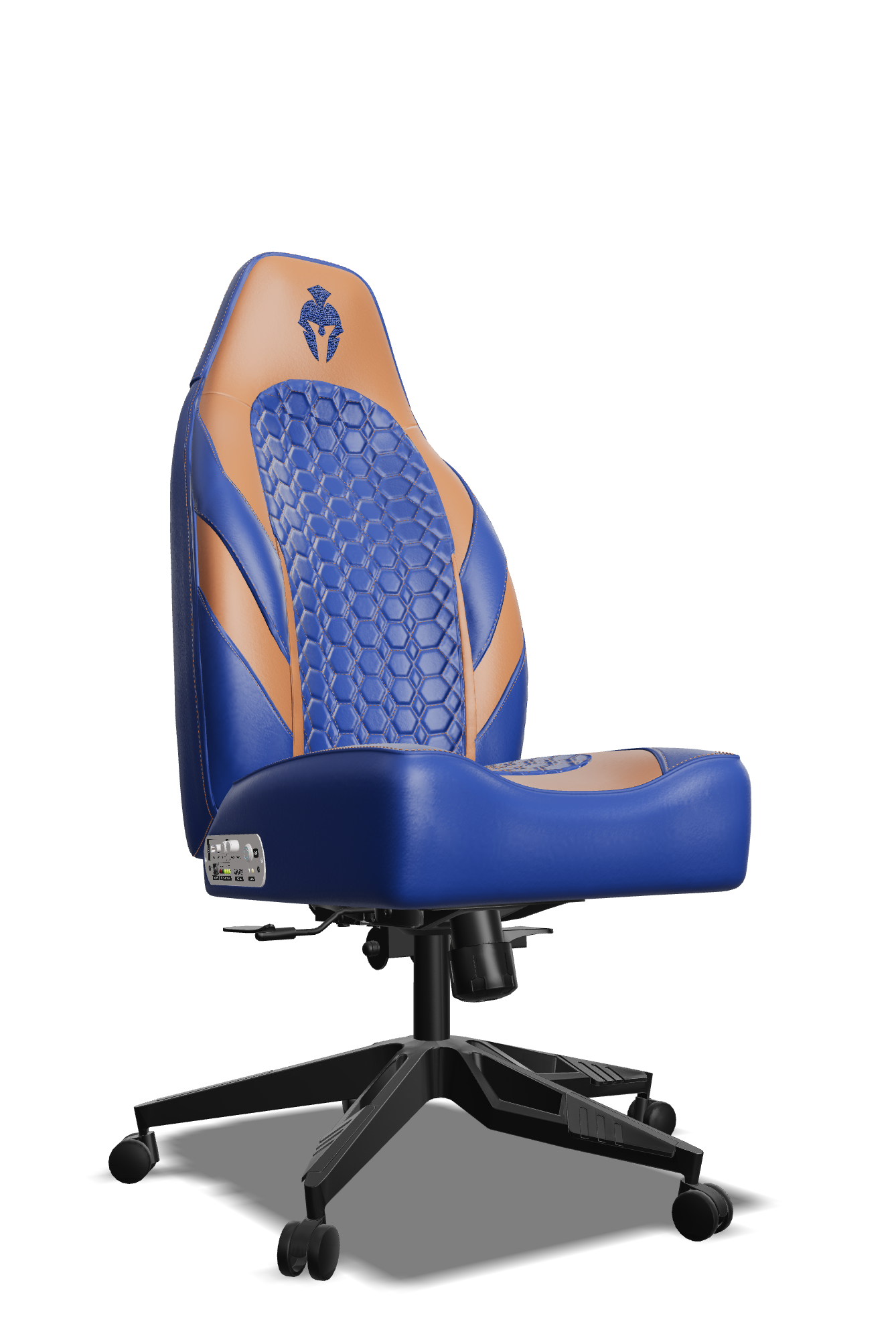Brown and Blue Custom Haptic Feedback Gaming Chair Side View No Armrest