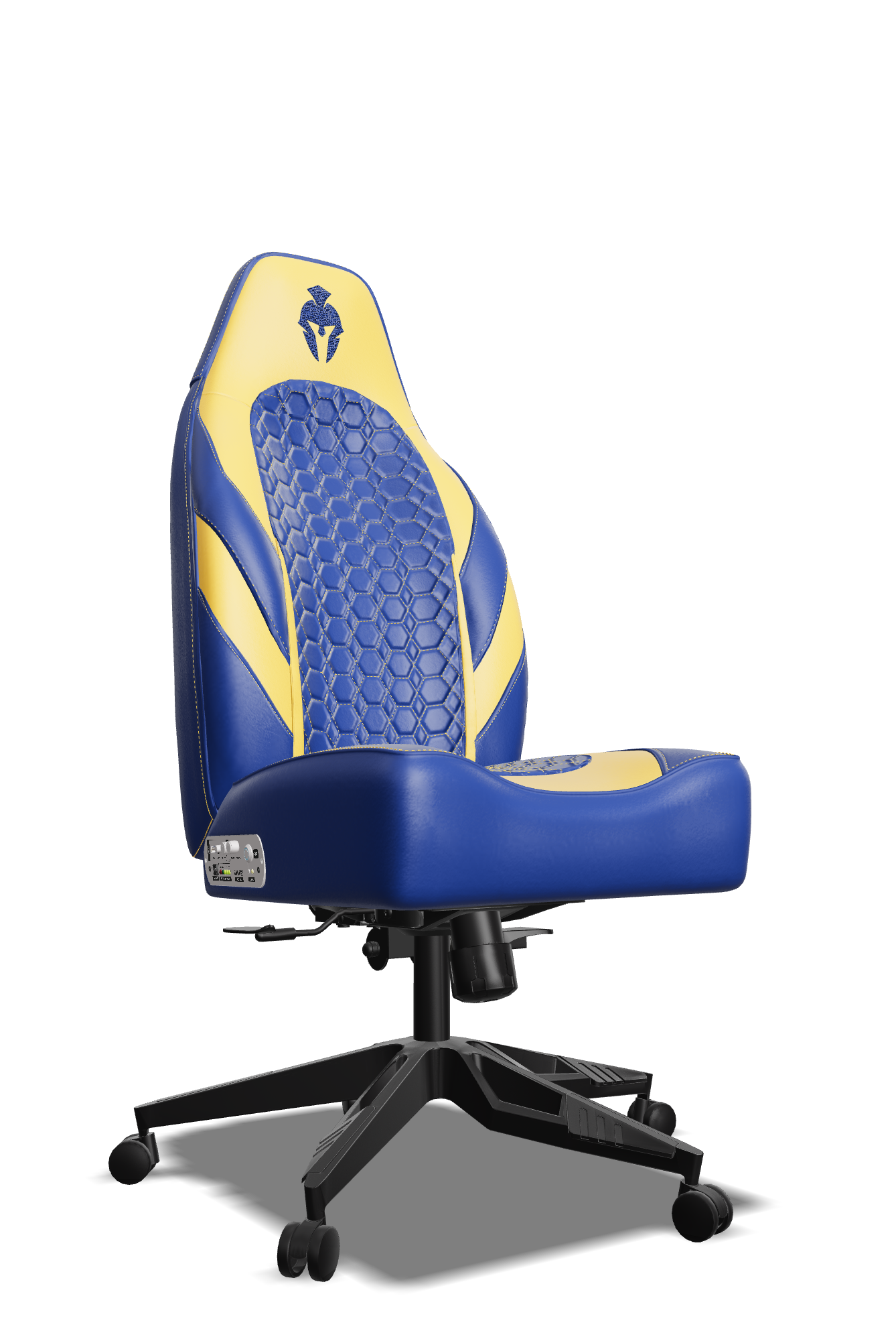 Yellow and Blue Custom Haptic Feedback Gaming Chair Side View No Armrest