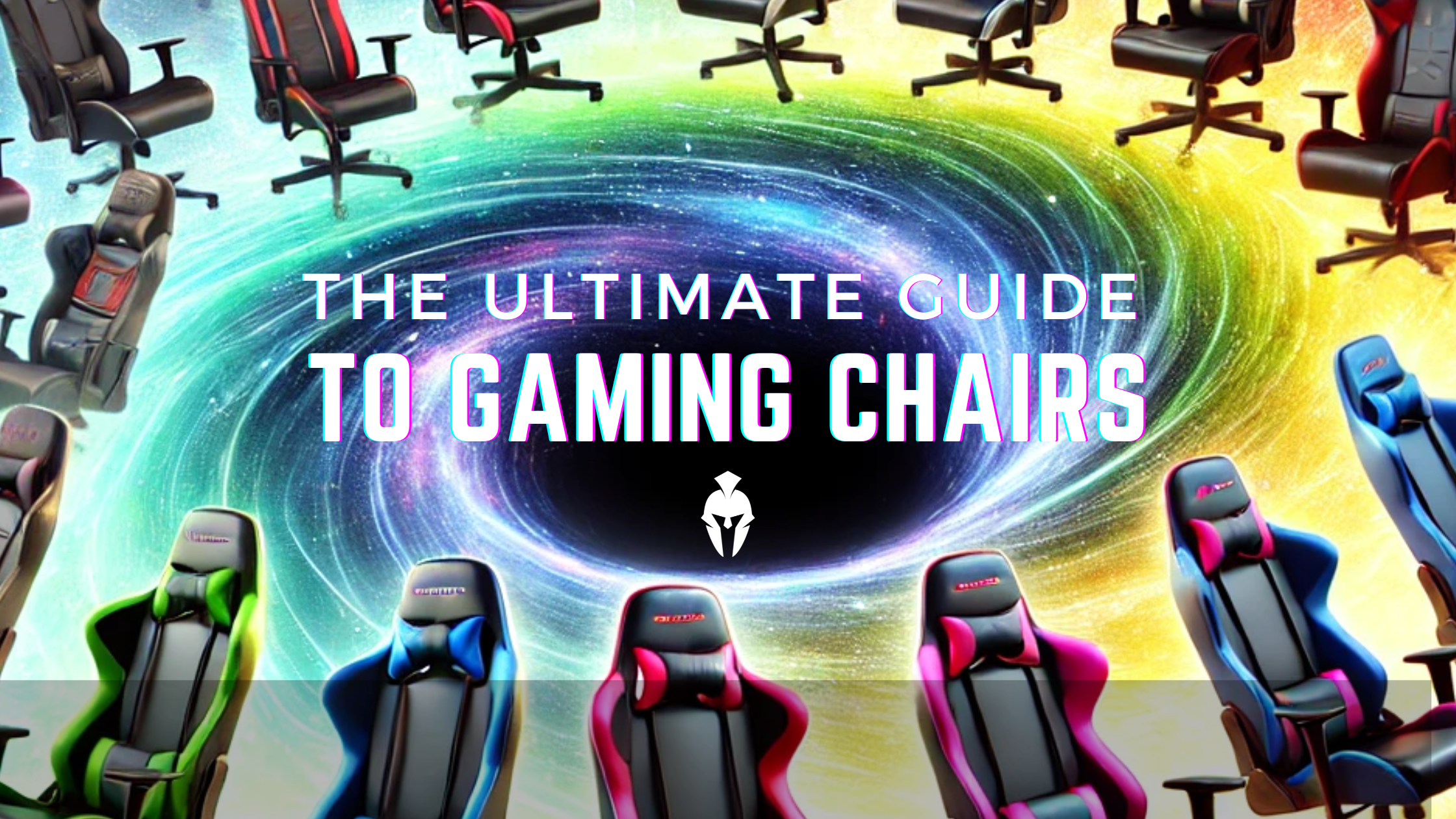 Multiple Colors OF Gaming Chairs Circling Around a Black Hole That Says The Ultimate Guide to Gaming Chairs with a Kratos 4D Throne Logo