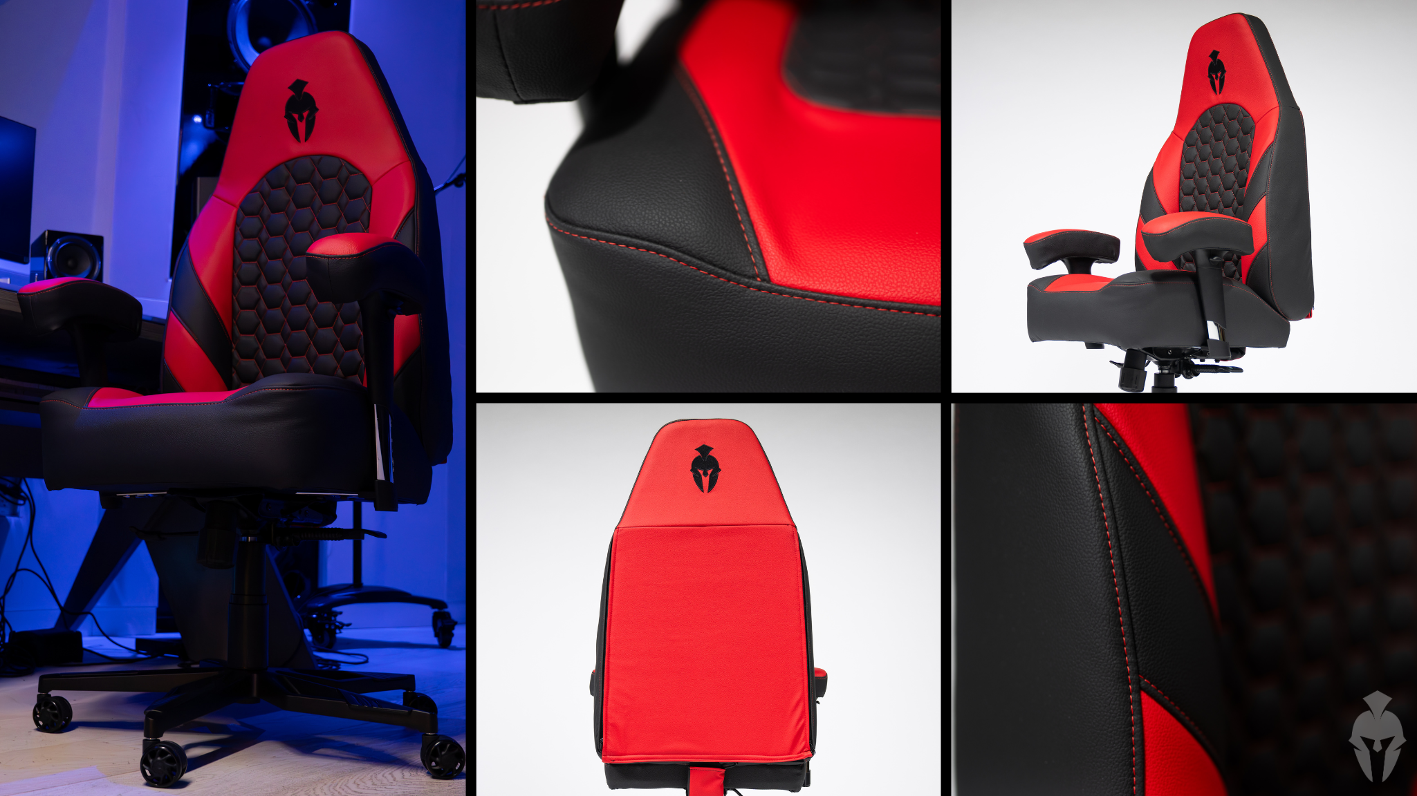 Multiple images of a red and black gaming chair Kratos showing all their details in multiple angles