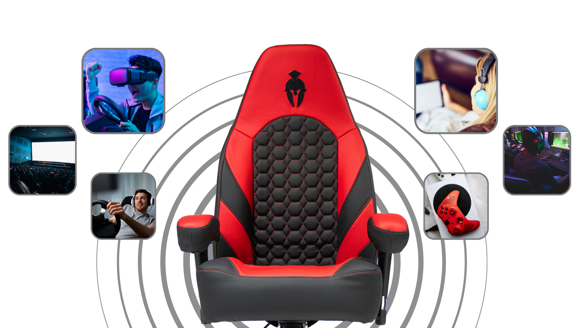 Red and Black Gaming Chair Showing multiple ways of Haptic Feedback inputs