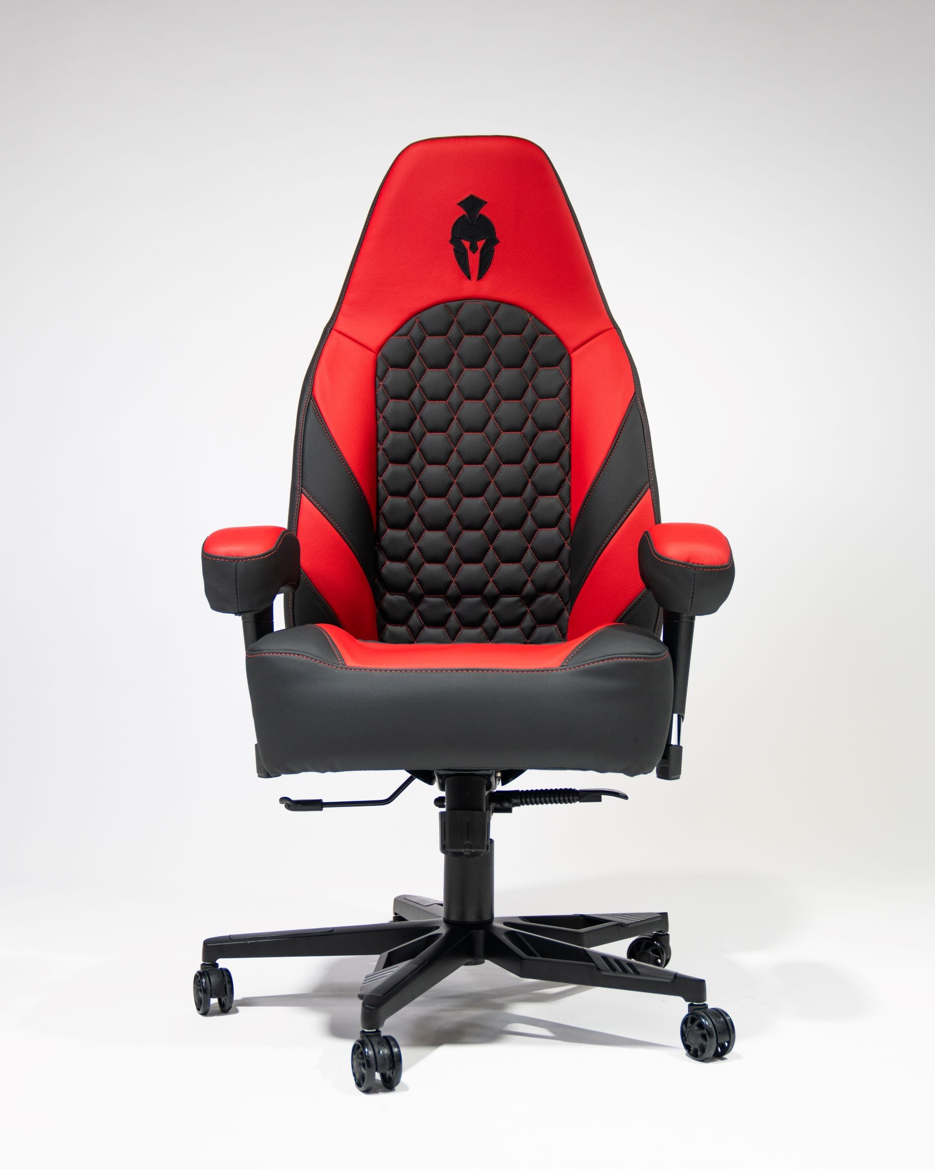 Kratos Pro 4D Throne V2 Red and Black Haptic Gaming chair from the front view on a white background