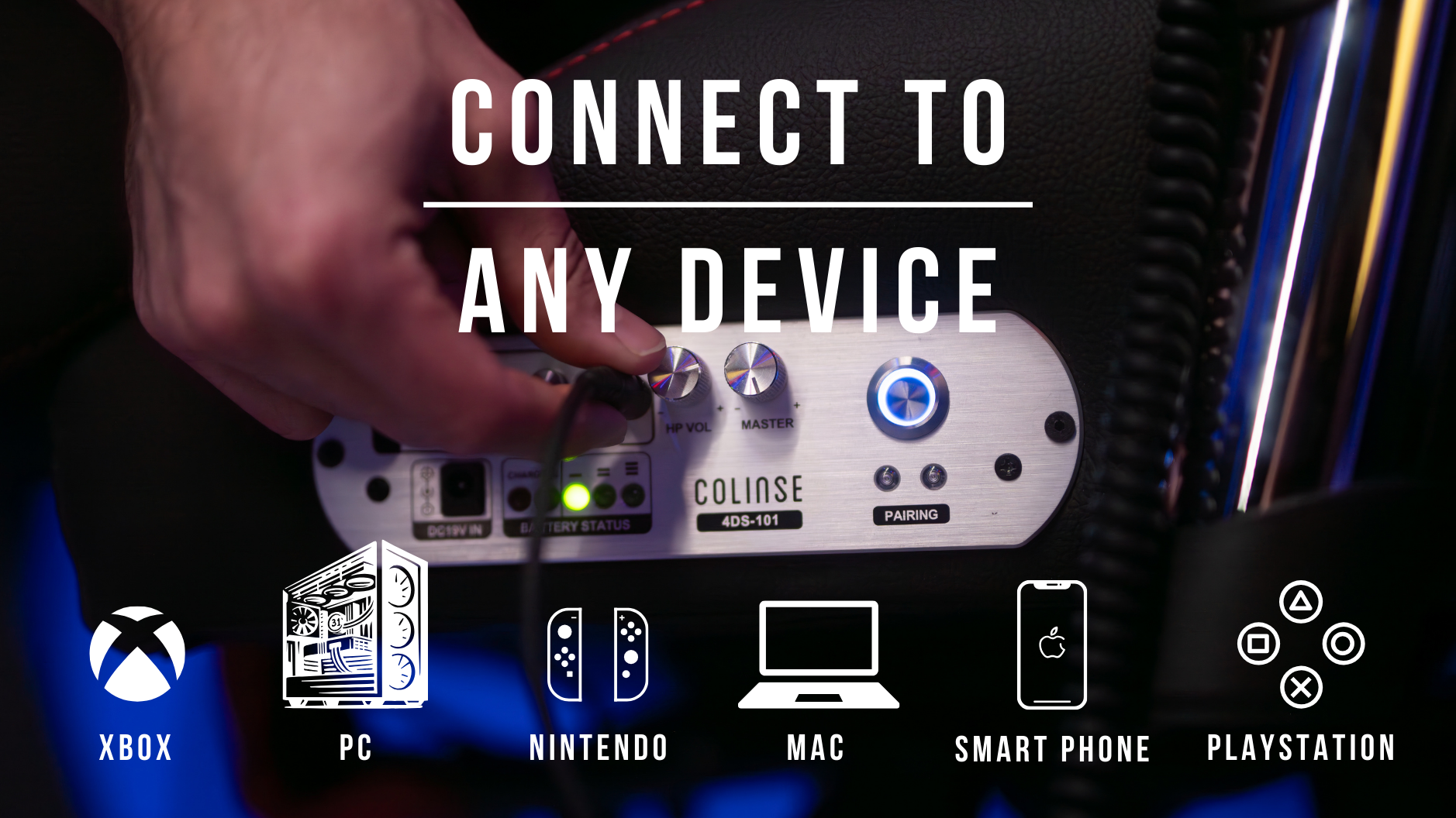 Colinse 4DS haptic module installed on a gaming chair with multiple connection options