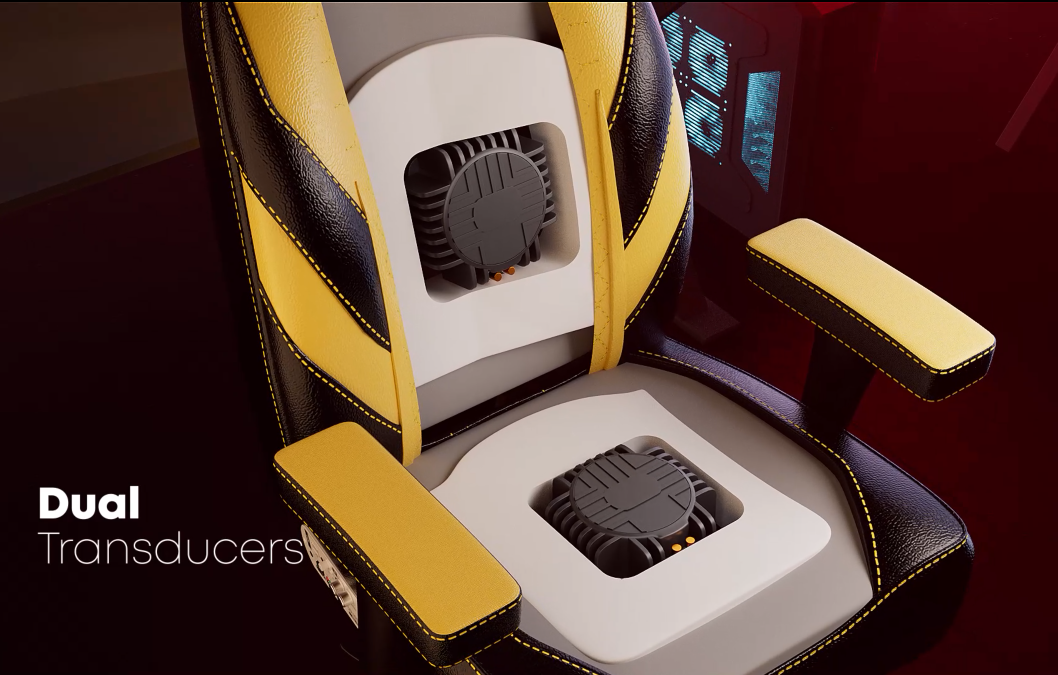 Black and Yellow Haptic Gaming chair showing transducer bass shakers embedded within the chair.