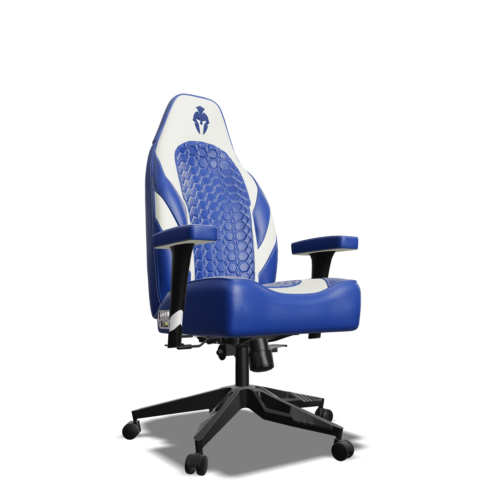 White and Royal Blue Custom Haptic Feedback Gaming Chair Side View