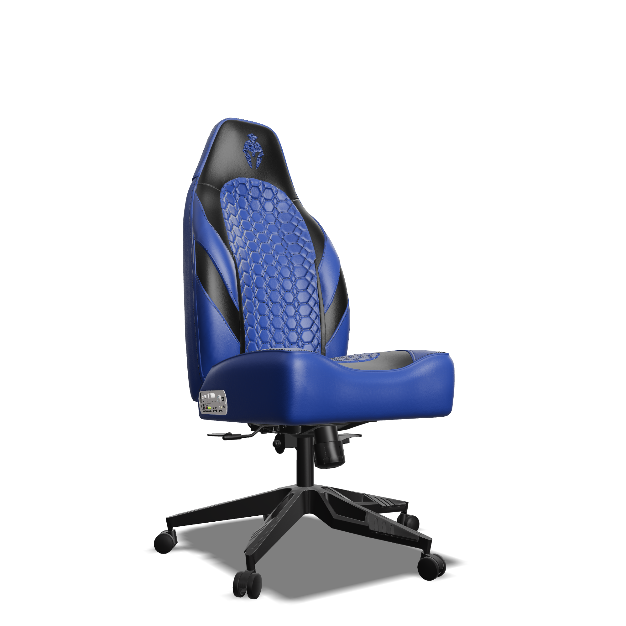 Black and Blue Custom Haptic Feedback Gaming Chair Side View No Armrest