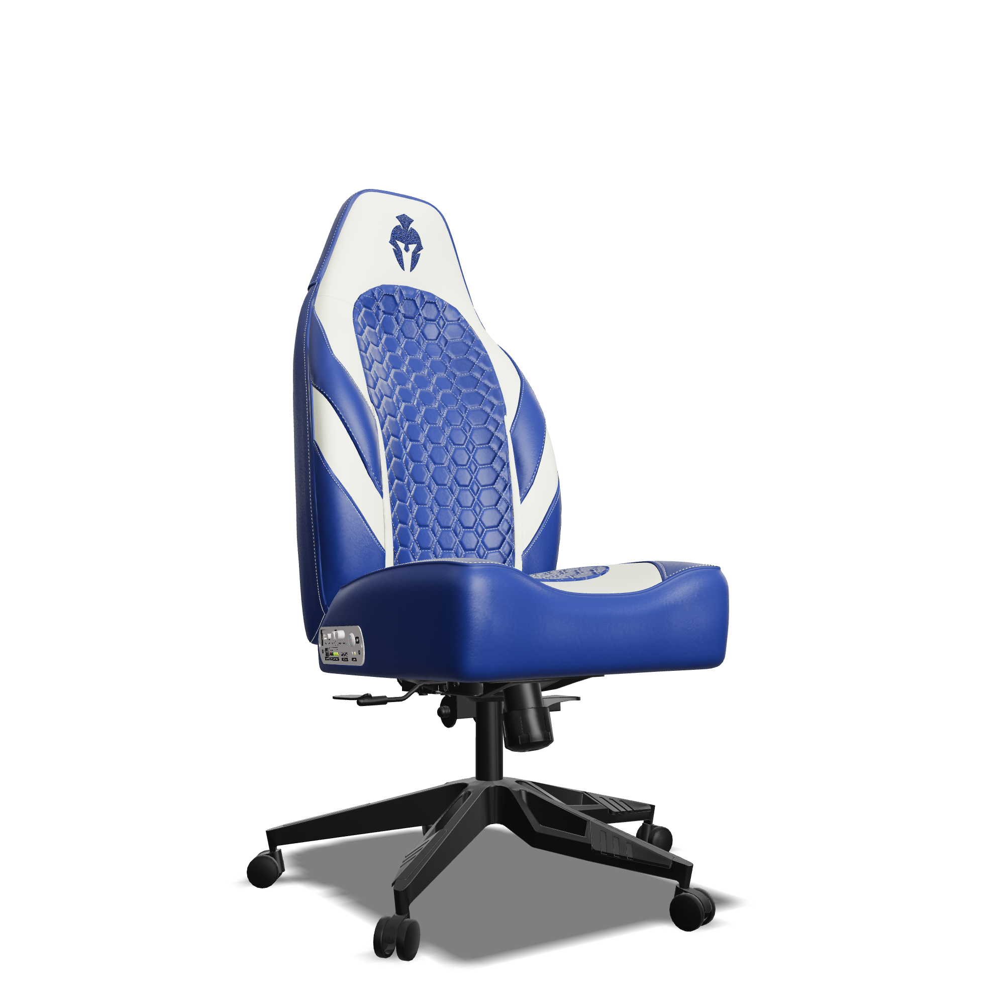 White and Blue Custom Haptic Feedback Gaming Chair Side View No Armrest