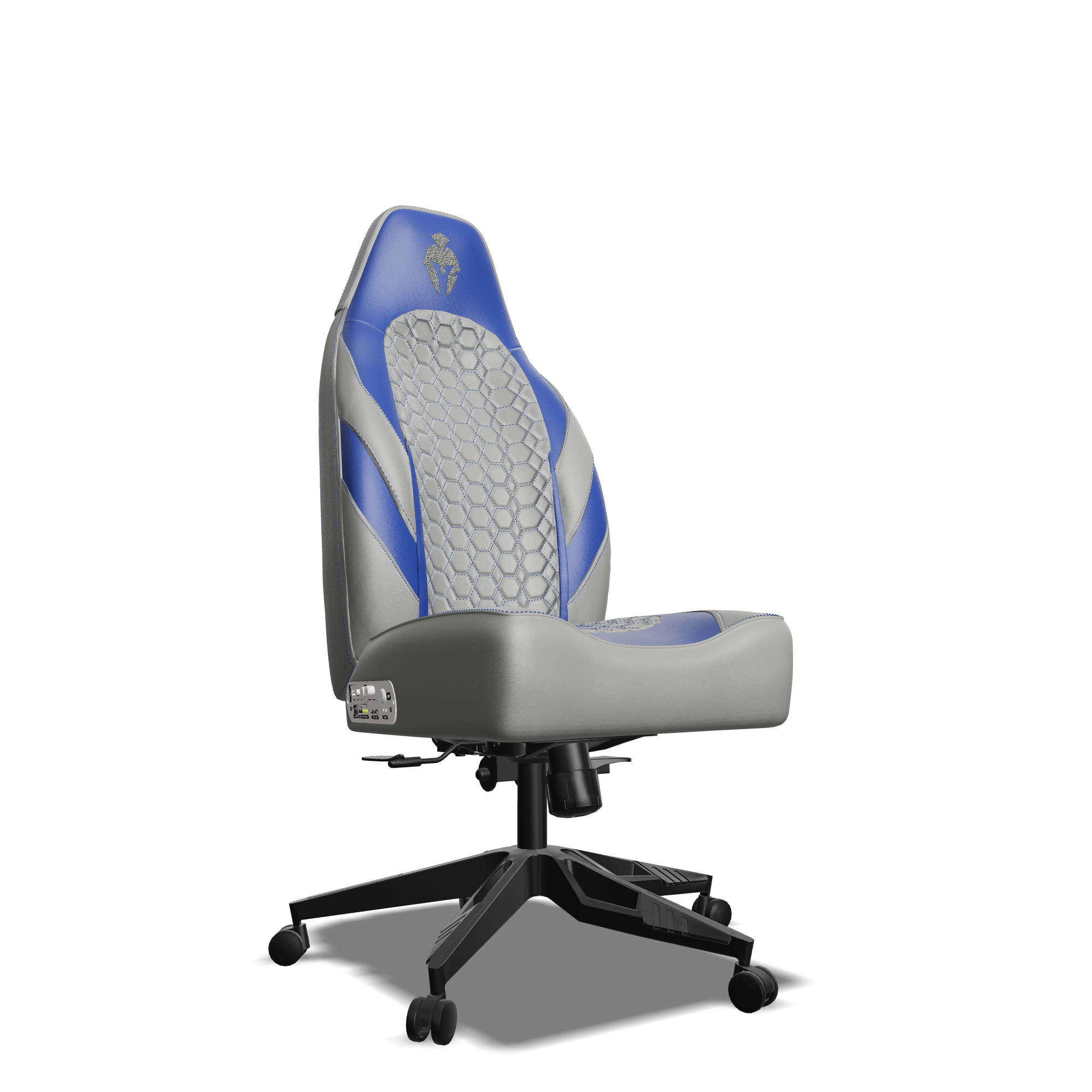 Grey and Blue Custom Haptic Feedback Gaming Chair Side View No Armrest