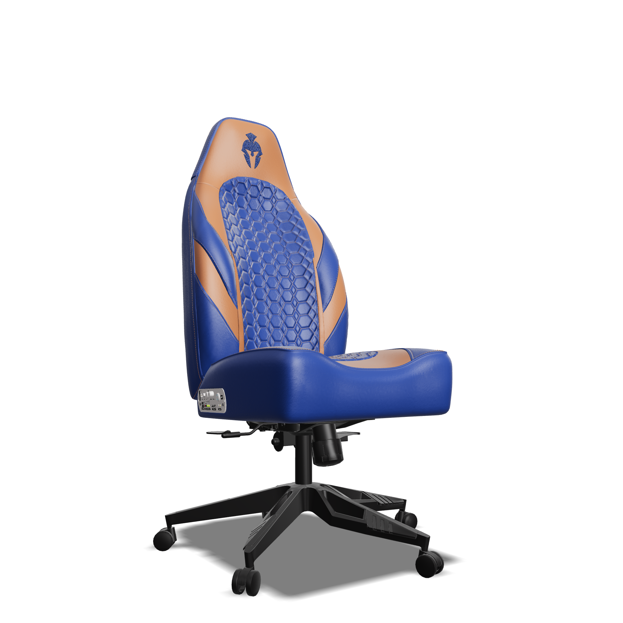 Brown and Blue Custom Haptic Feedback Gaming Chair Side View No Armrest