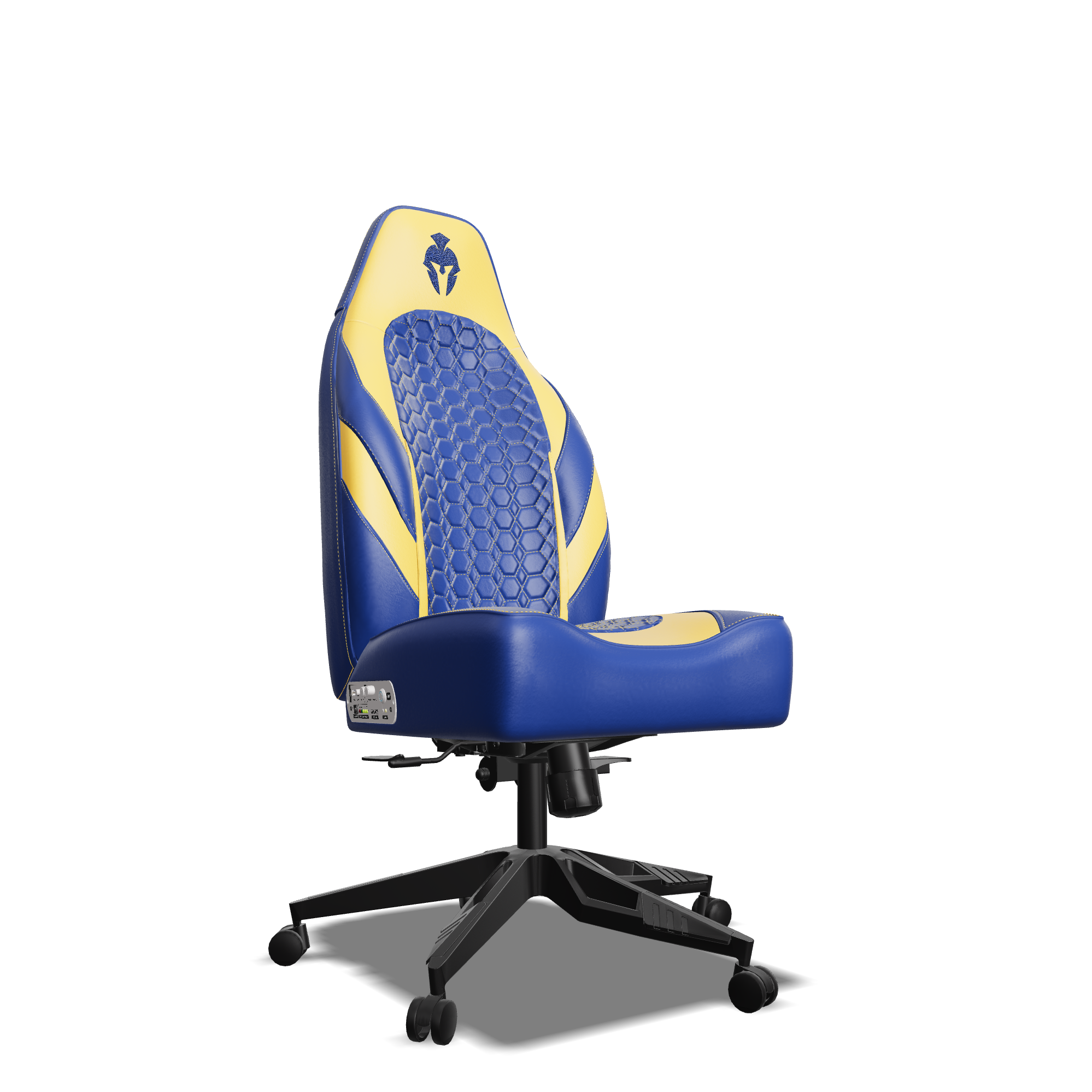 Yellow and Blue Custom Haptic Feedback Gaming Chair Side View No Armrest